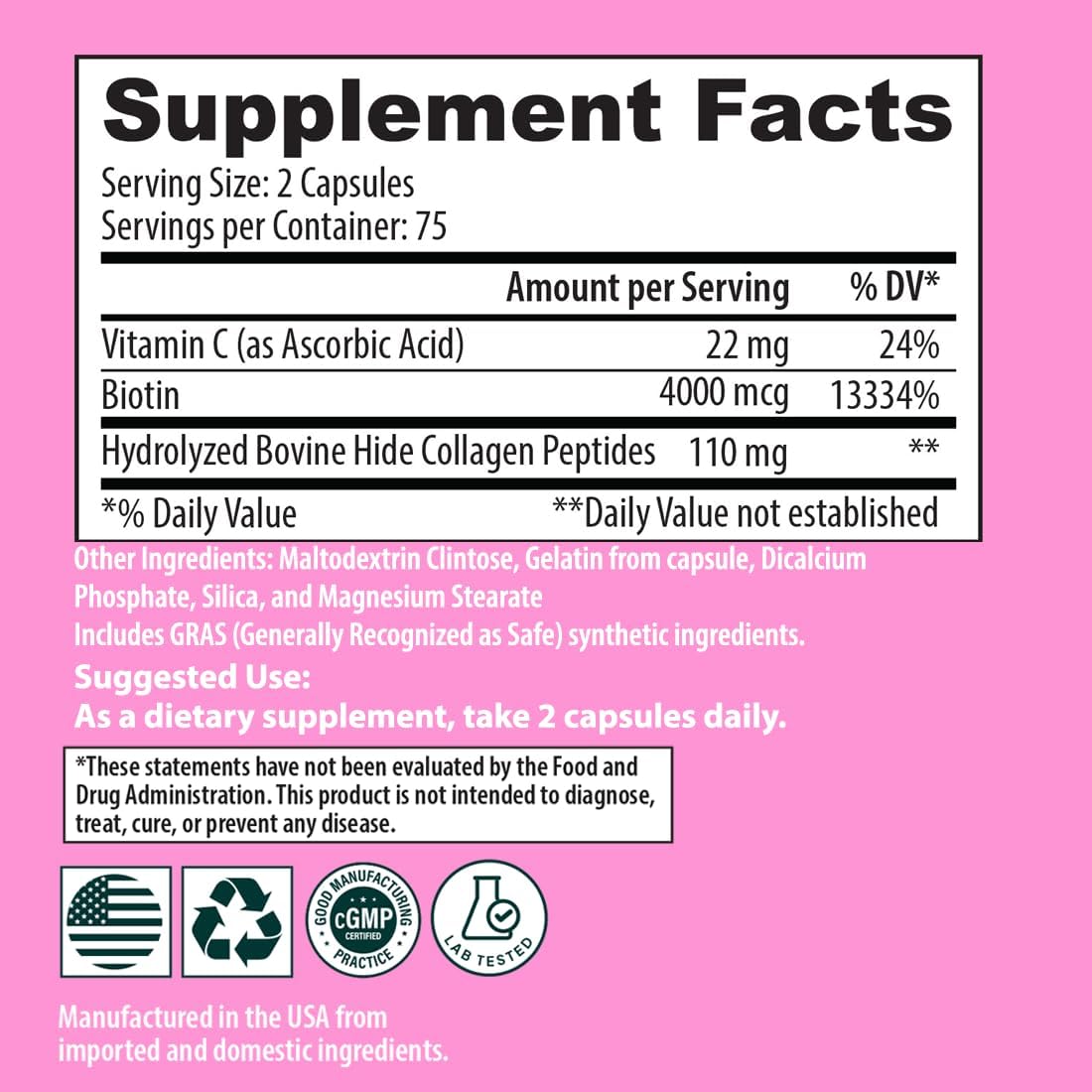 Hydrolyzed Collagen & Biotin Pills for Hair Skin Nails - Vitamin C Supplement for Hair Growth - 150 Capsules for Women & Men by Sanar Naturals