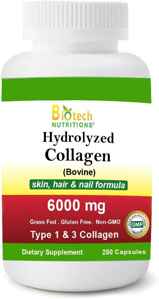 Hydrolyzed Collagen Bovine Type 1 & 3 6000mg 250 Tablets Grass-Fed Non-GMO Gluten-Free Supplement