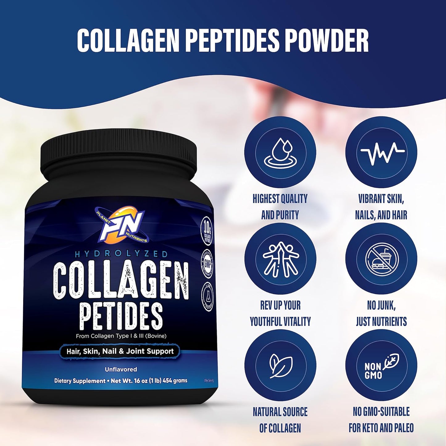 Hydrolyzed Collagen Peptides - Type I & III Vitamins for Hair, Skin, Nails, and Joints by Planet Nutrients