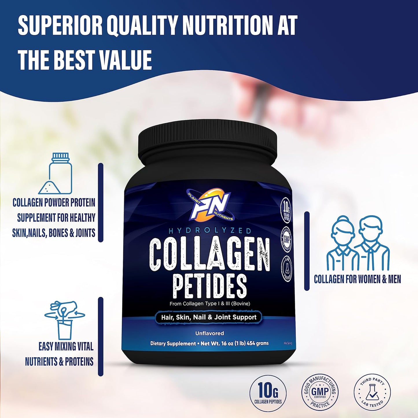 Hydrolyzed Collagen Peptides - Type I & III Vitamins for Hair, Skin, Nails, and Joints by Planet Nutrients