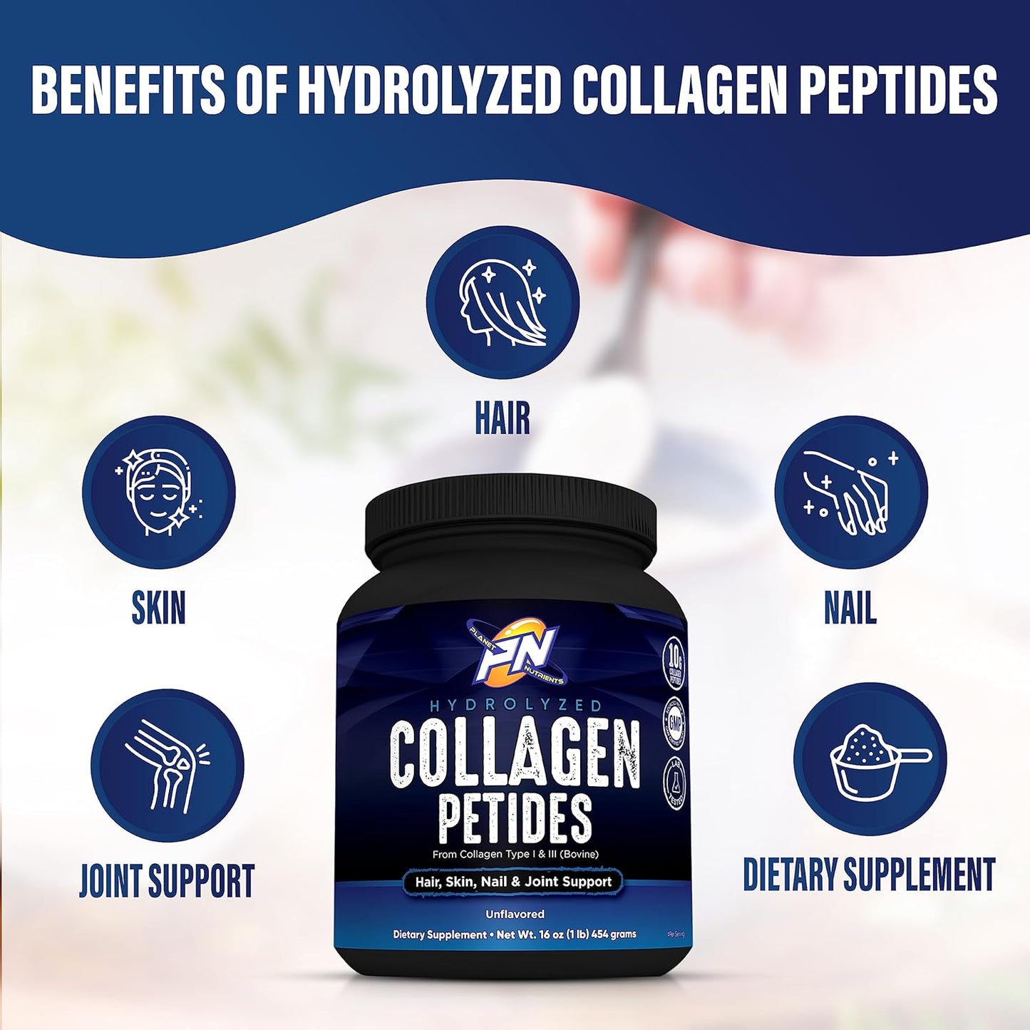Hydrolyzed Collagen Peptides - Type I & III Vitamins for Hair, Skin, Nails, and Joints by Planet Nutrients