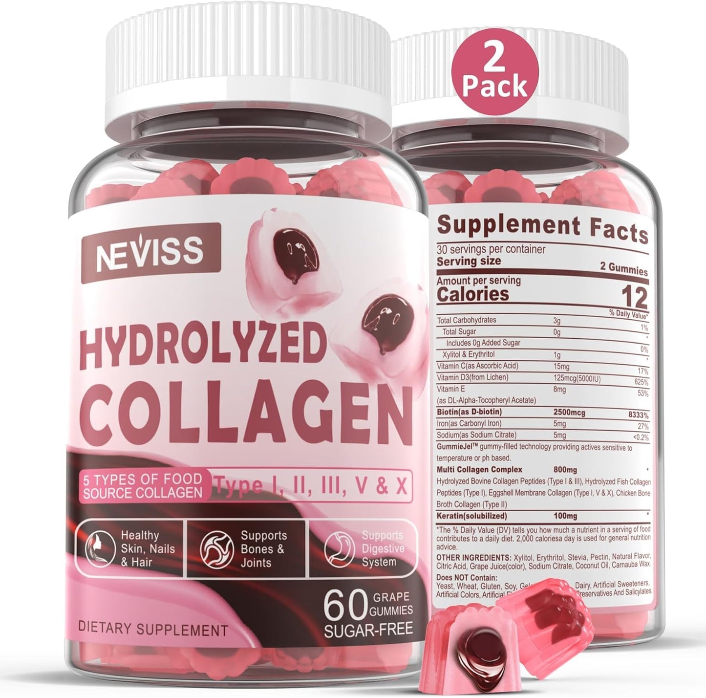 Hydrolyzed Collagen Peptides Gummies 800mg - Sugar Free, Multi Peptides Type I II III V & X with Biotin, Keratin & Vitamin for Healthy Skin, Hair, Nails, Bones & Joints - 2 Pack
