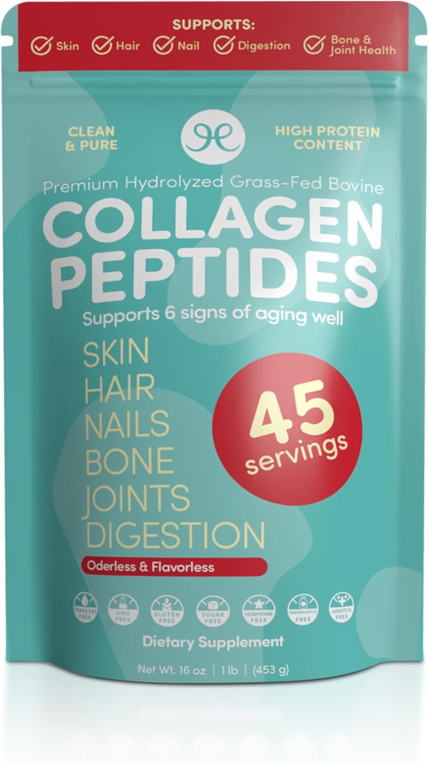 Hydrolyzed Collagen Peptides Powder - Grass Fed - 16oz - Skin, Hair, Nails, Muscle, Bone, Joint, & Gut Health - Easy Mix - Unflavored - Non GMO - Keto & Paleo Friendly