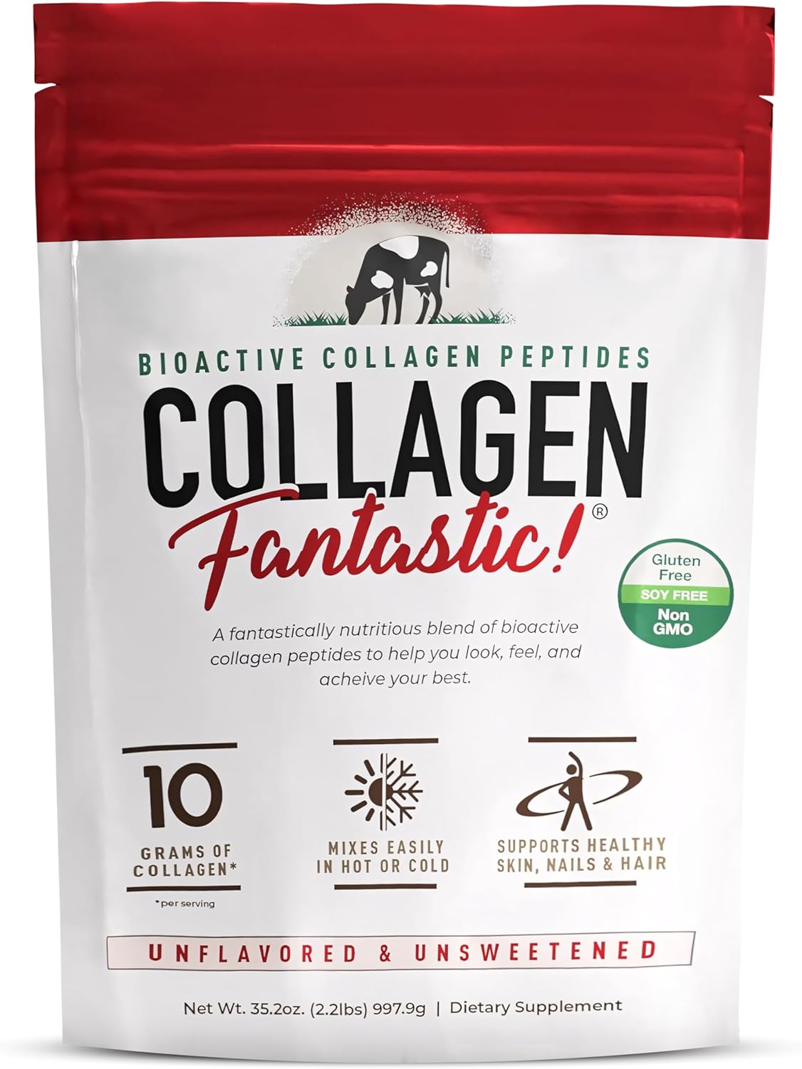 Hydrolyzed Collagen Peptides Powder for Joint, Bone & Skin Support - Grass Fed Bovine Protein Powder (90 Servings, 2.2 Lb)