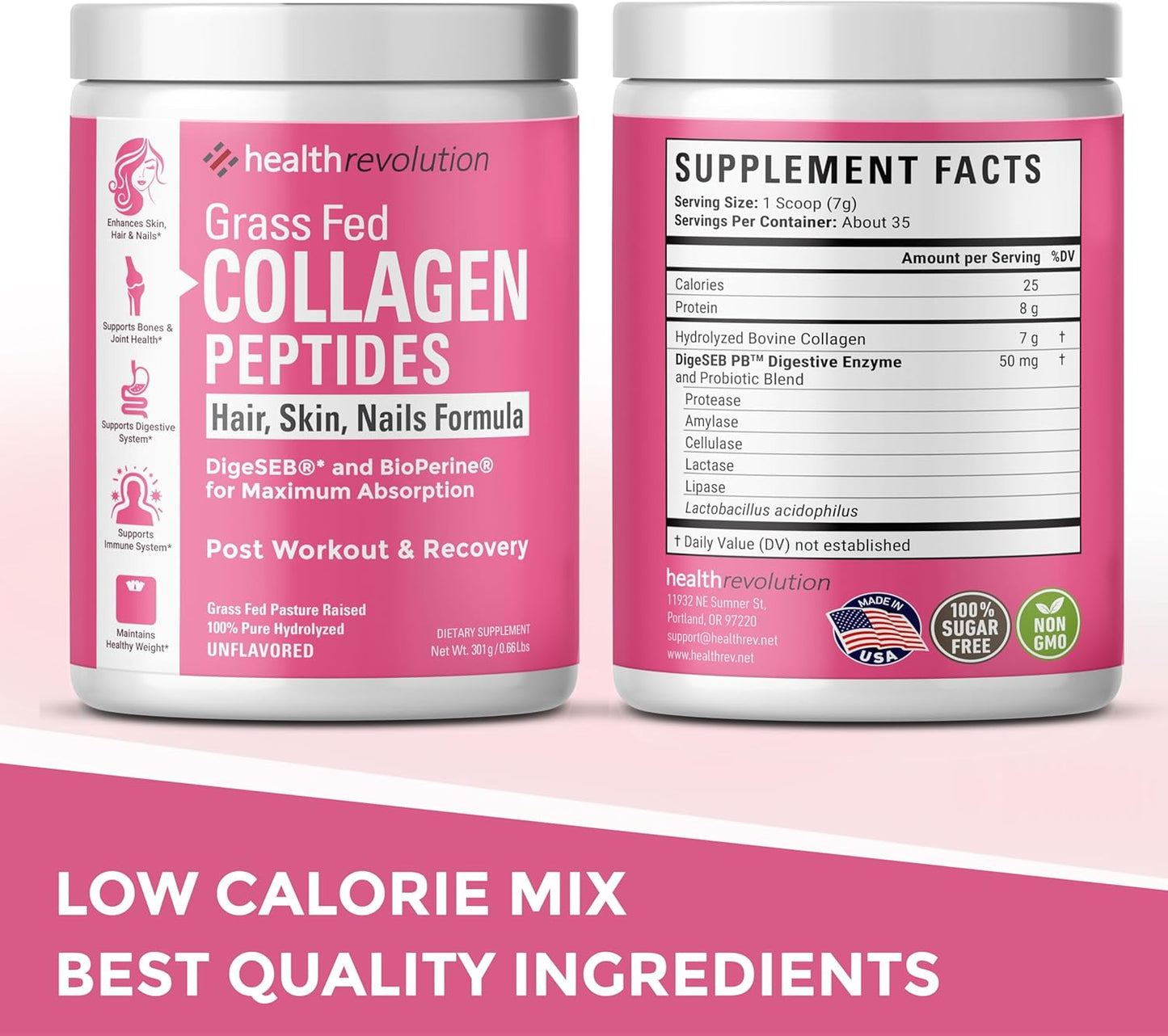 Hydrolyzed Collagen Peptides Powder for Skin, Hair, Nails & Joints - Grass-Fed with Probiotics, Enzymes - Non-GMO, Gluten-Free - 35 Servings