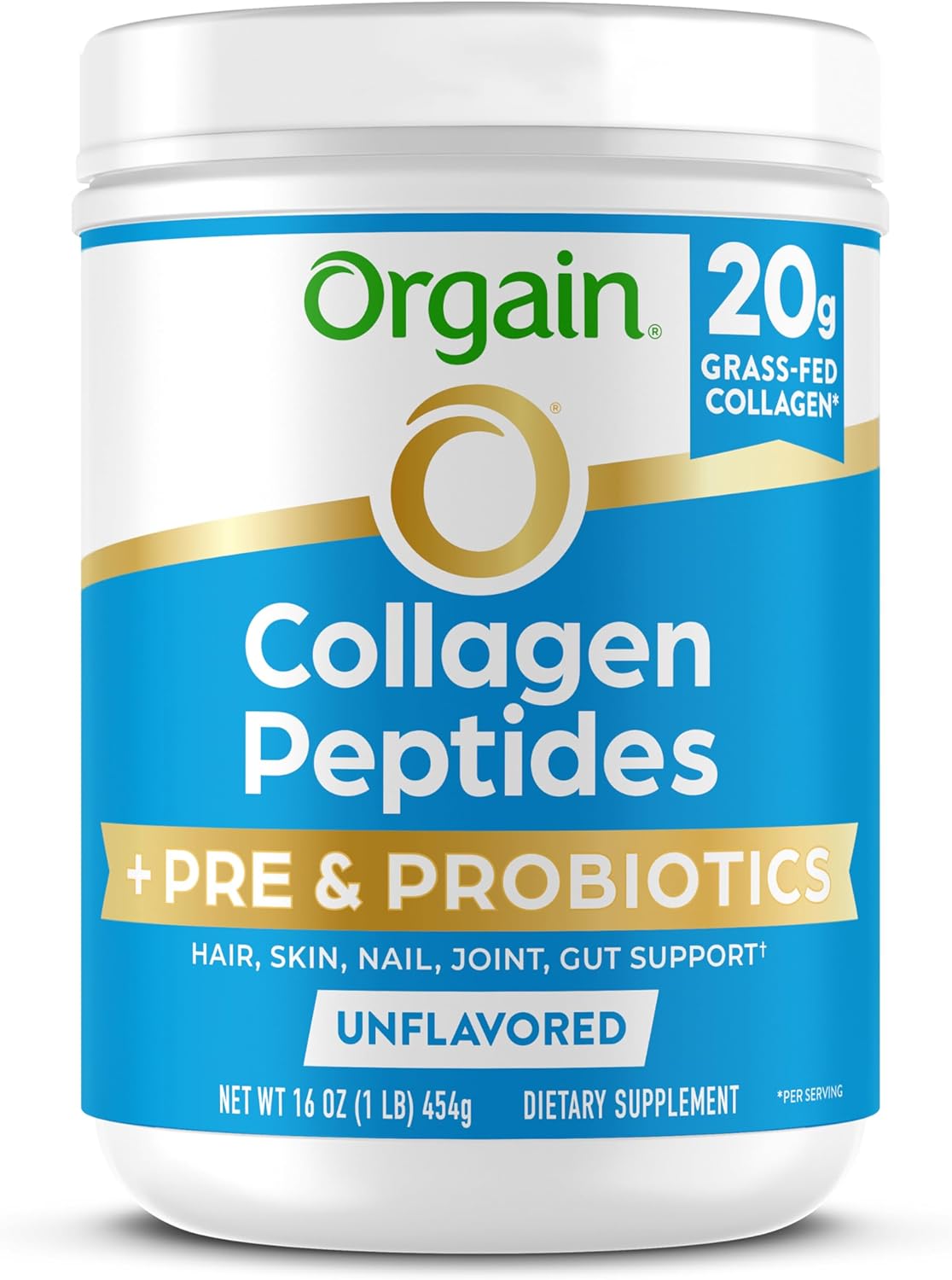 Hydrolyzed Collagen Peptides Powder with Prebiotic & Probiotics - Grass Fed, 20g Collagen, 1 Billion CFU - Digestive, Hair, Skin & Joint Health - Non-GMO - 1lb