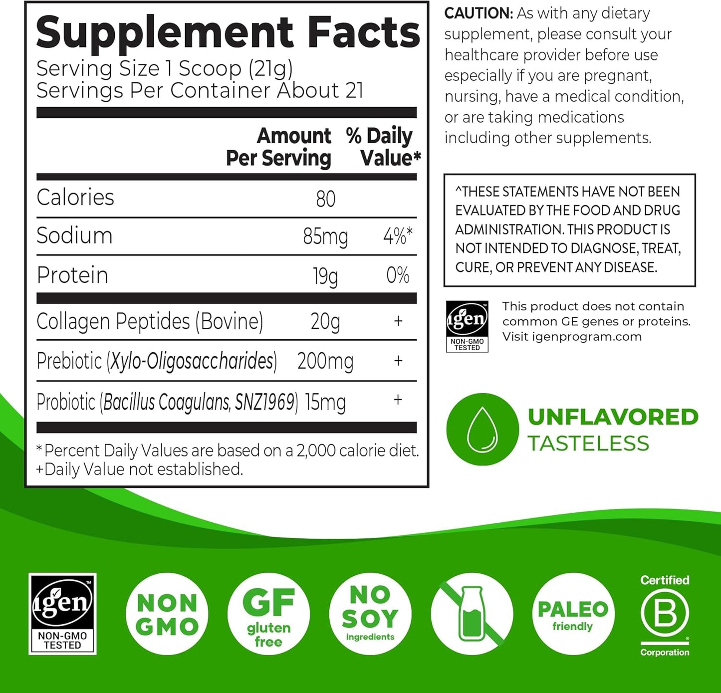 Hydrolyzed Collagen Peptides Powder with Prebiotic & Probiotics - Grass Fed, 20g Collagen, 1 Billion CFU - Digestive, Hair, Skin & Joint Health - Non-GMO - 1lb