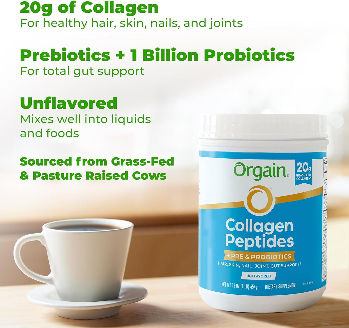 Hydrolyzed Collagen Peptides Powder with Prebiotic & Probiotics - Grass Fed, 20g Collagen, 1 Billion CFU - Digestive, Hair, Skin & Joint Health - Non-GMO - 1lb