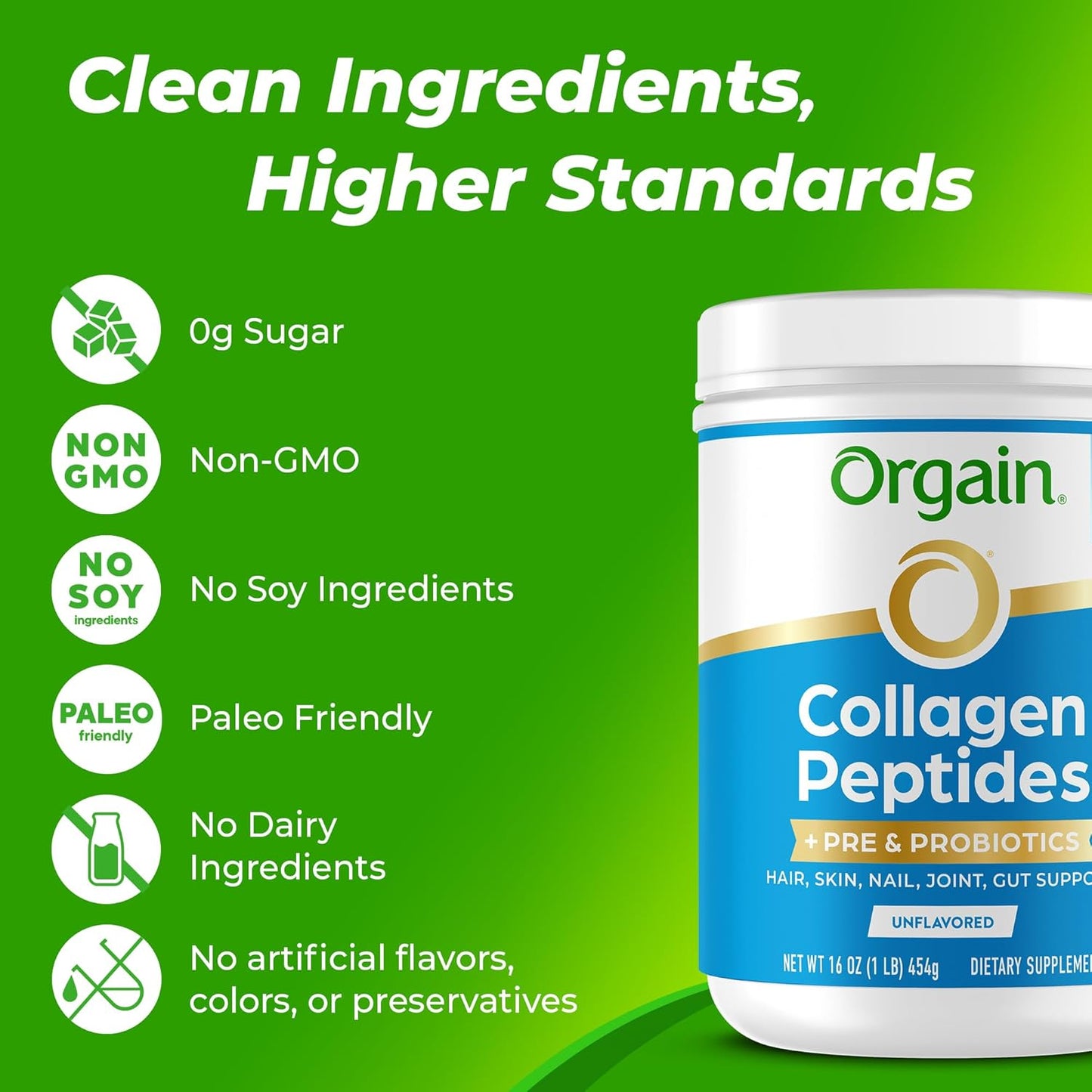 Hydrolyzed Collagen Peptides Powder with Prebiotic & Probiotics - Grass Fed, 20g Collagen, 1 Billion CFU - Digestive, Hair, Skin & Joint Health - Non-GMO - 1lb