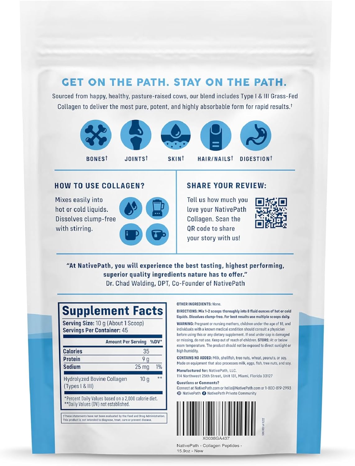 Hydrolyzed Collagen Peptides Protein Powder for Skin, Hair, Nails - 15.9 oz (45 Servings) by NativePath