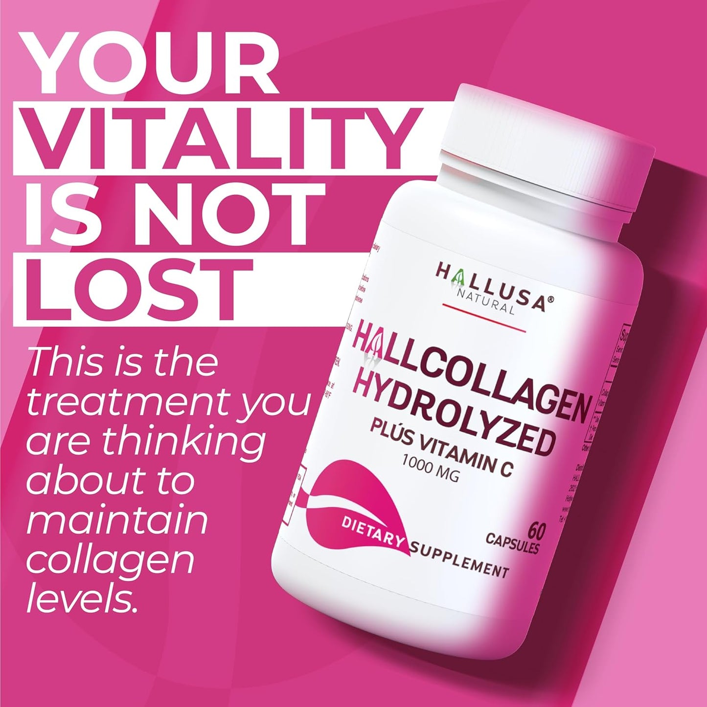 Hydrolyzed Collagen Pills with Vitamin C for Skin, Wrinkles, Anti-Aging, Hair, Nails, Joints - 1000mg 60 Capsules