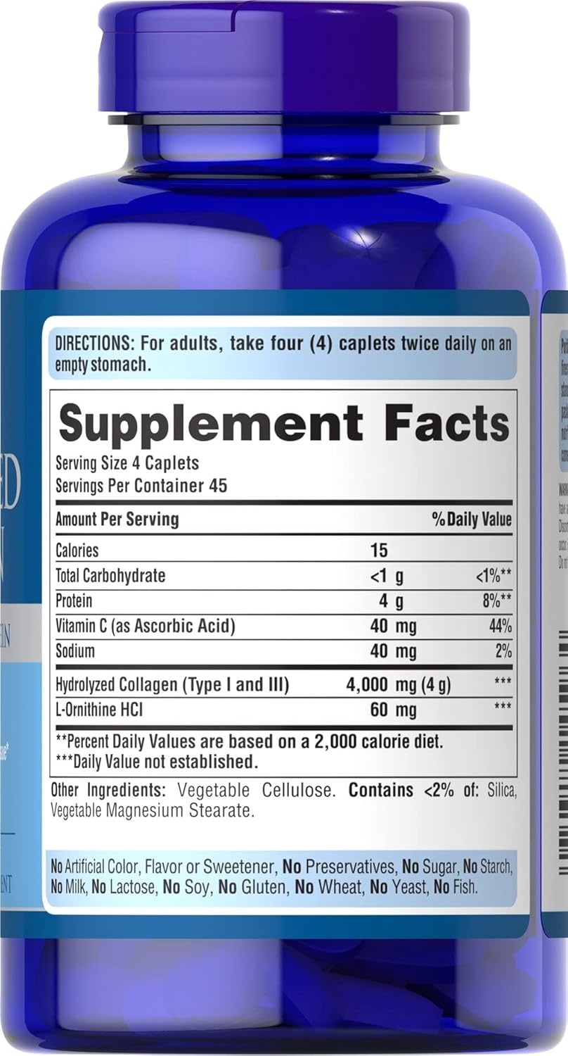 Hydrolyzed Collagen Pro-Structural Protein 1000mg Caplets for Skin, Bones & Joints - Dietary Supplement for Men and Women by Puritan's Pride