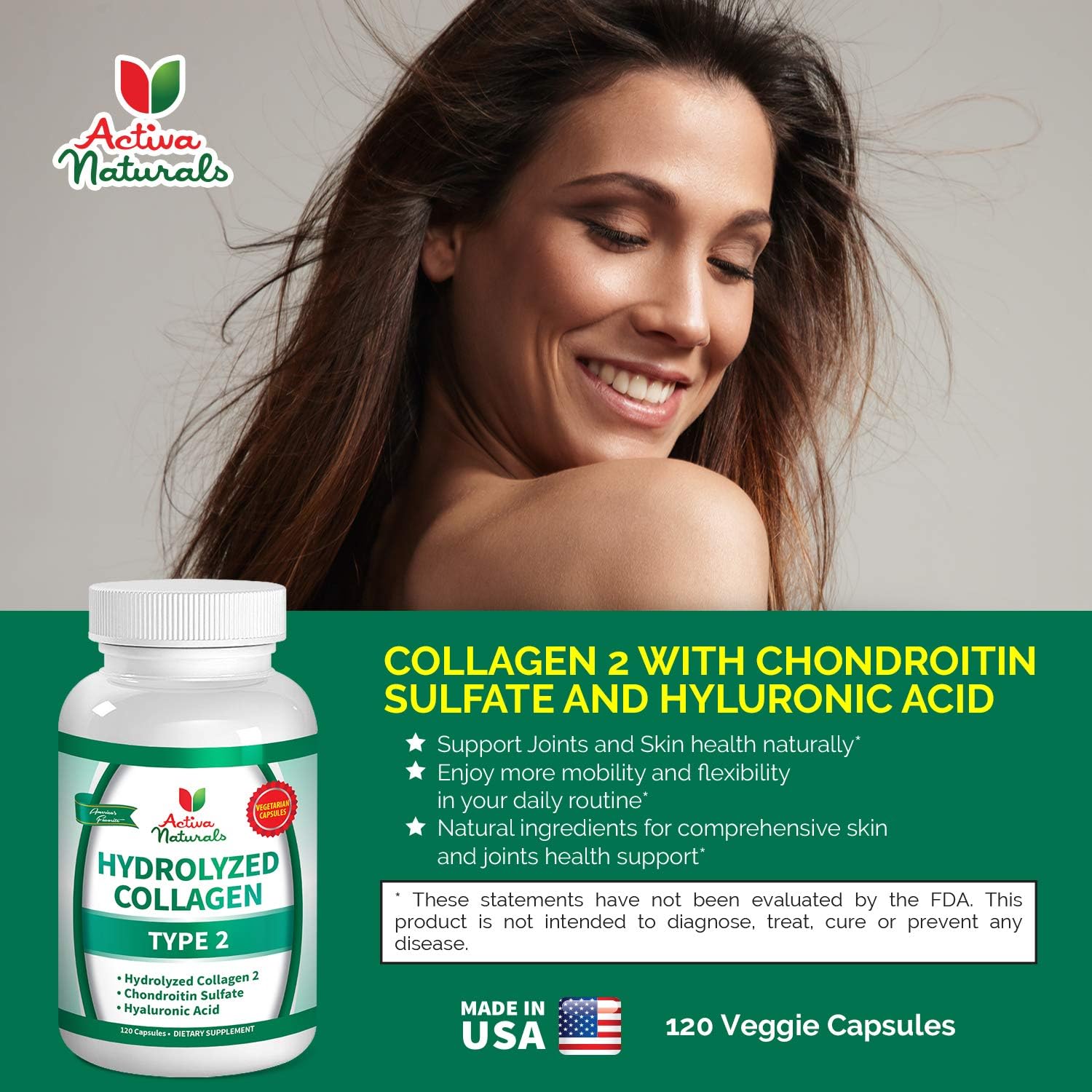 Hydrolyzed Collagen Type 2 Supplement with Chondroitin and Hyaluronic Acid - 120 Vegan Capsules by Activa Naturals