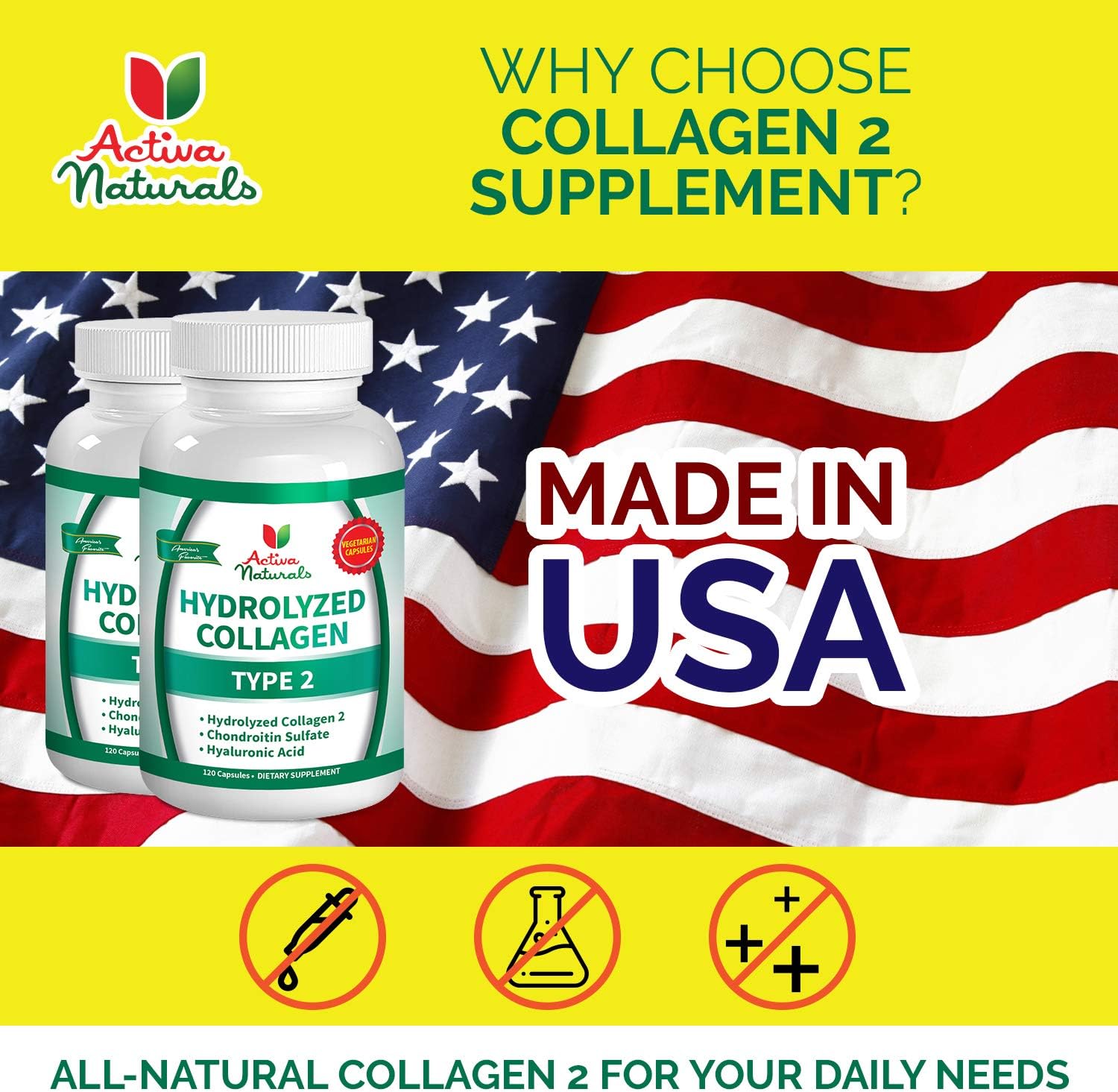 Hydrolyzed Collagen Type 2 Supplement with Chondroitin and Hyaluronic Acid - 120 Vegan Capsules by Activa Naturals