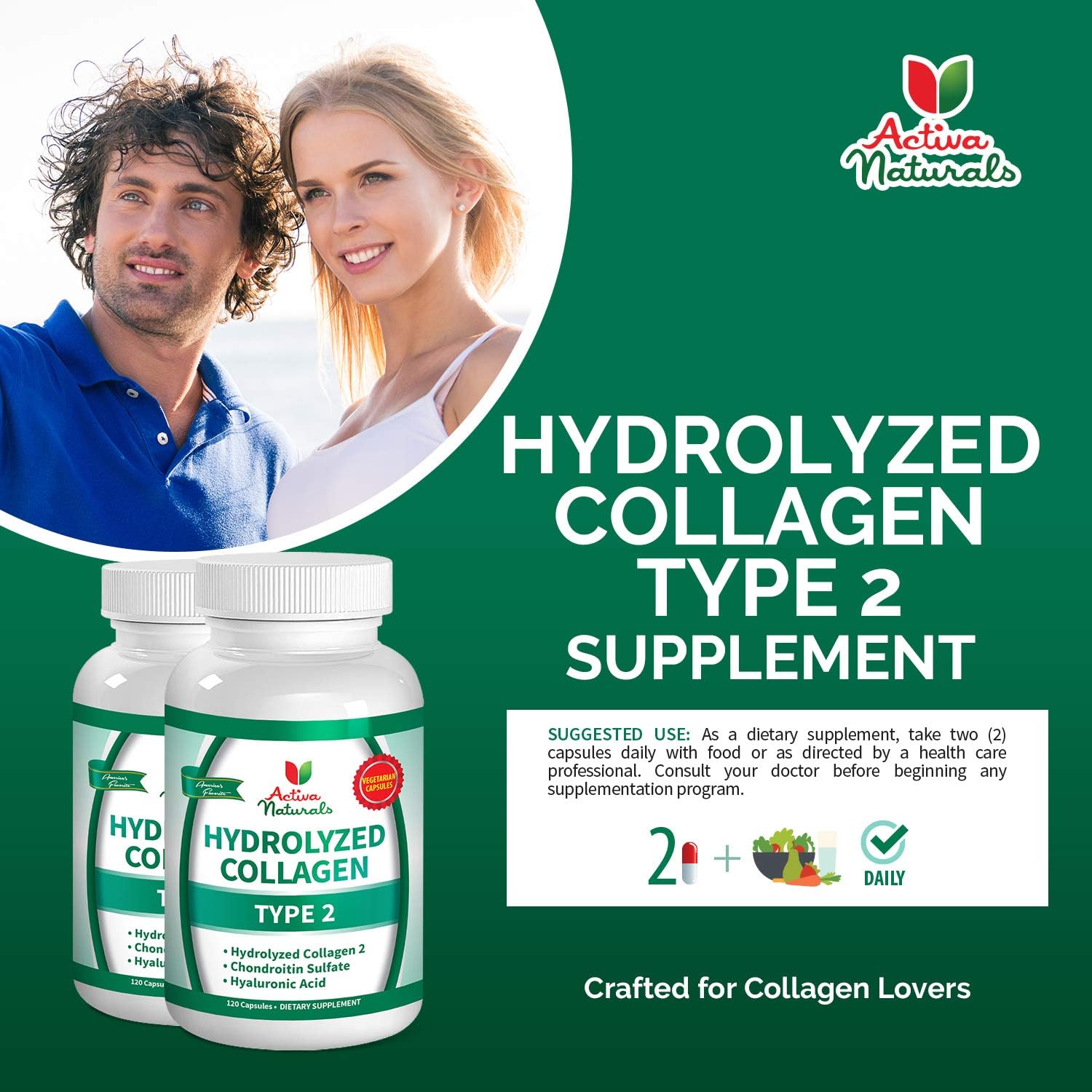 Hydrolyzed Collagen Type 2 Supplement with Chondroitin and Hyaluronic Acid - 120 Vegan Capsules by Activa Naturals