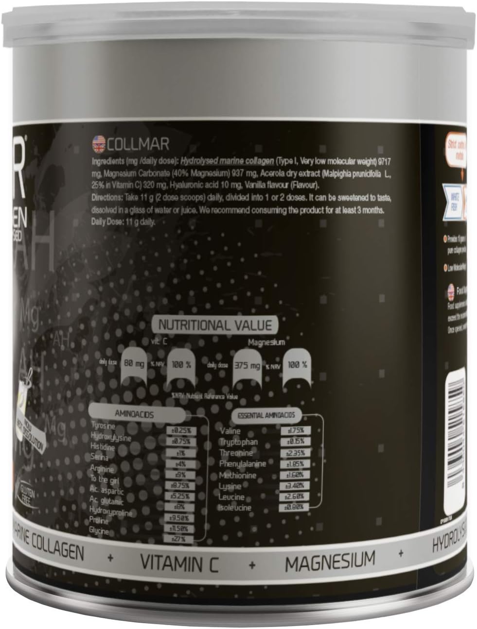 Hydrolyzed Marine Collagen Powder with Magnesium for Skin, Cartilage, and Bones - Vanilla Flavor - Reduce Tiredness and Fatigue - 300g