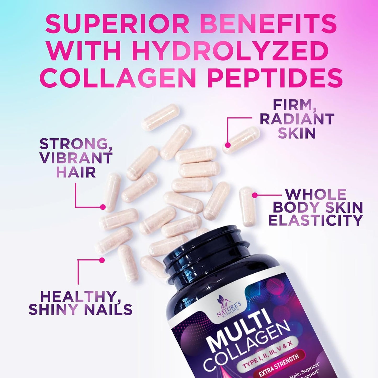 Hydrolyzed Multi Collagen Peptides Supplements for Hair, Skin, Nails, and Joints - Non-GMO Collagen Pills for Men & Women - 180 Capsules