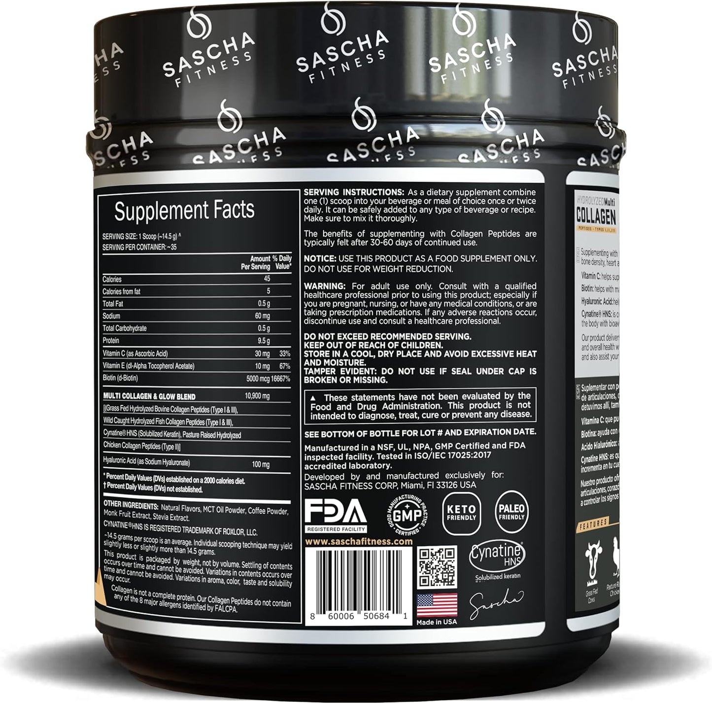 Hydrolyzed Multi Collagen Peptides with Hyaluronic Acid, Biotin, Vitamin C & E for Hair, Skin, and Bone Support - Caramel Macchiato Flavor