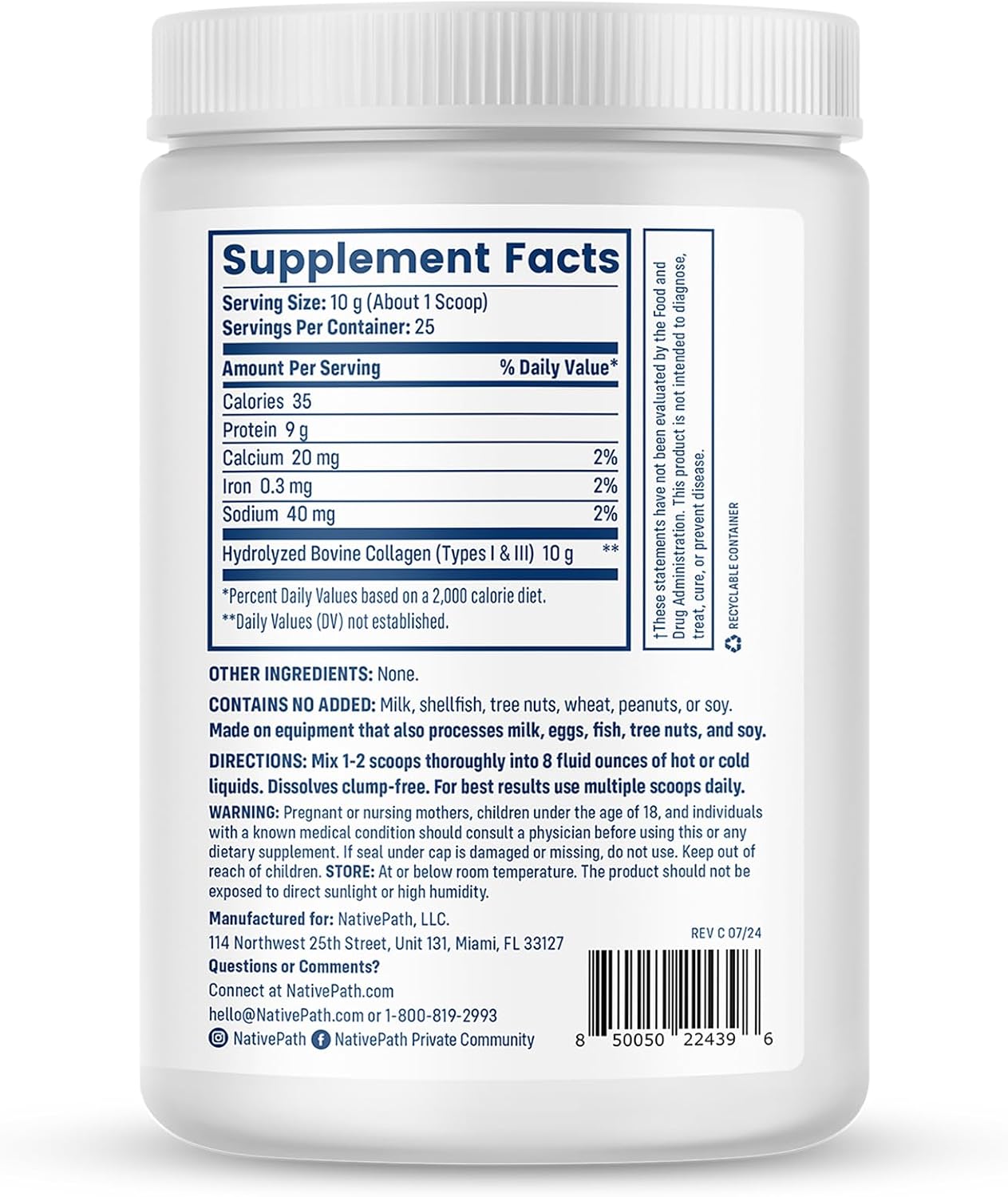 Hydrolyzed Type 1 & 3 Collagen Powder for Skin, Hair, Nails - 8.8 oz (25 Servings) by NativePath