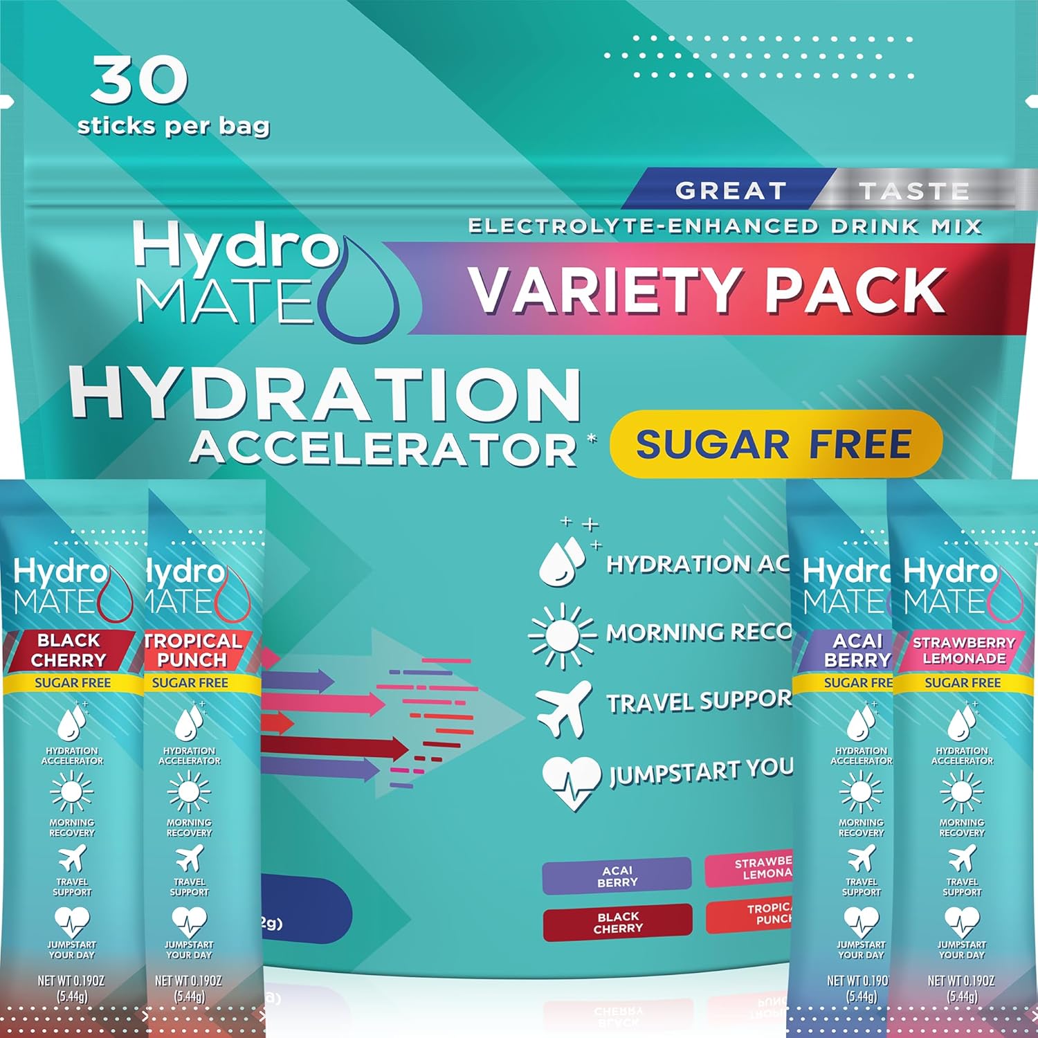 HydroMATE Electrolytes Powder Variety Pack - 30 Sugar-Free Hydration Packets with Vitamin C for Energy Boost - Perfect for Keto Diet & Party Favors
