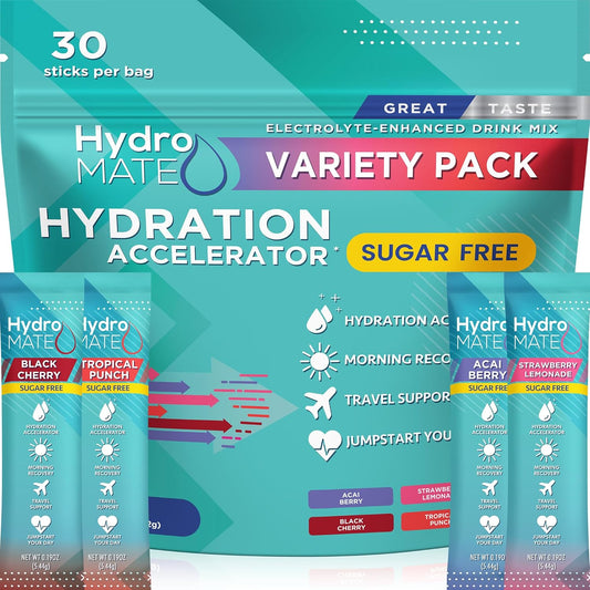 HydroMATE Electrolytes Powder Variety Pack - 30 Sugar-Free Hydration Packets with Vitamin C for Energy Boost - Perfect for Keto Diet & Party Favors