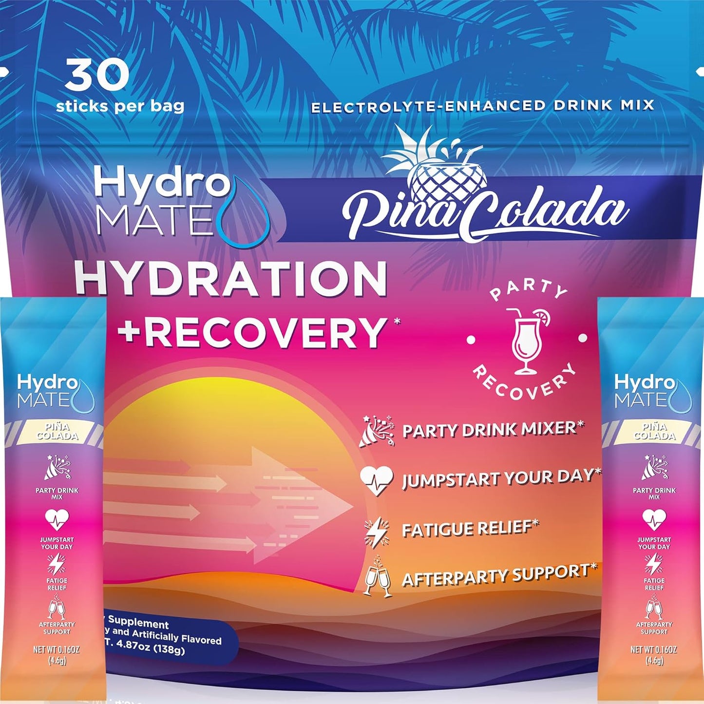 HydroMATE Pineapple Electrolyte Powder Packets - 30 Count for Fast Hydration & Recovery with Low Sugar Tropical Flavor