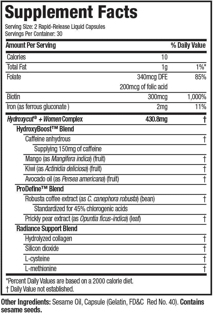 Hydroxycut for Women - 60 Rapid-Release Liquid Capsules with Biotin, Collagen, Folate & Iron