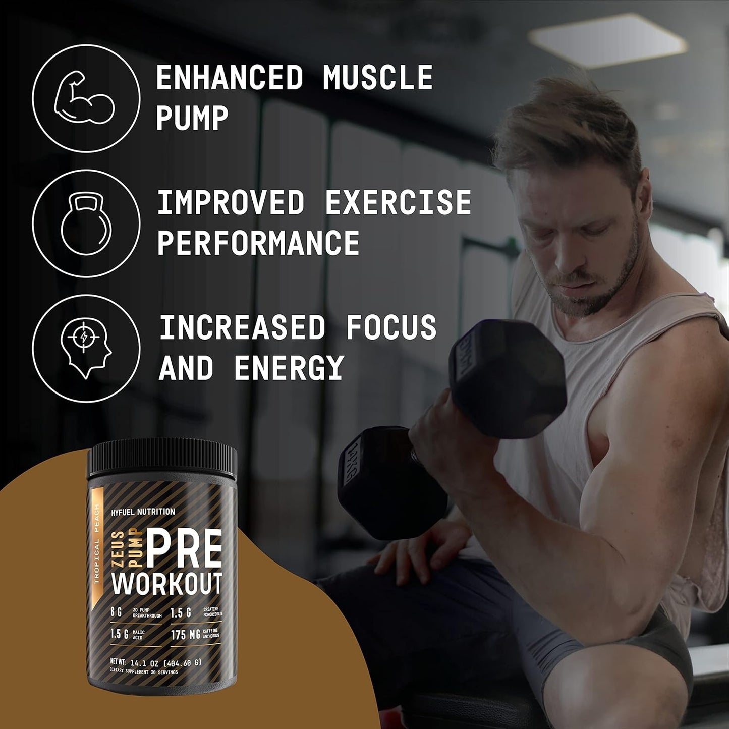 Hyfuel Nutrition Zeus Pump Pre-Workout Powder - Enhance Focus and Energy - With Creatine, L-Citrulline, Agmatine, Kanna, Betaine Anhydrous - 3D Pump Breakthrough® Formula - Tropical Peach Flavor - Sugar-Free