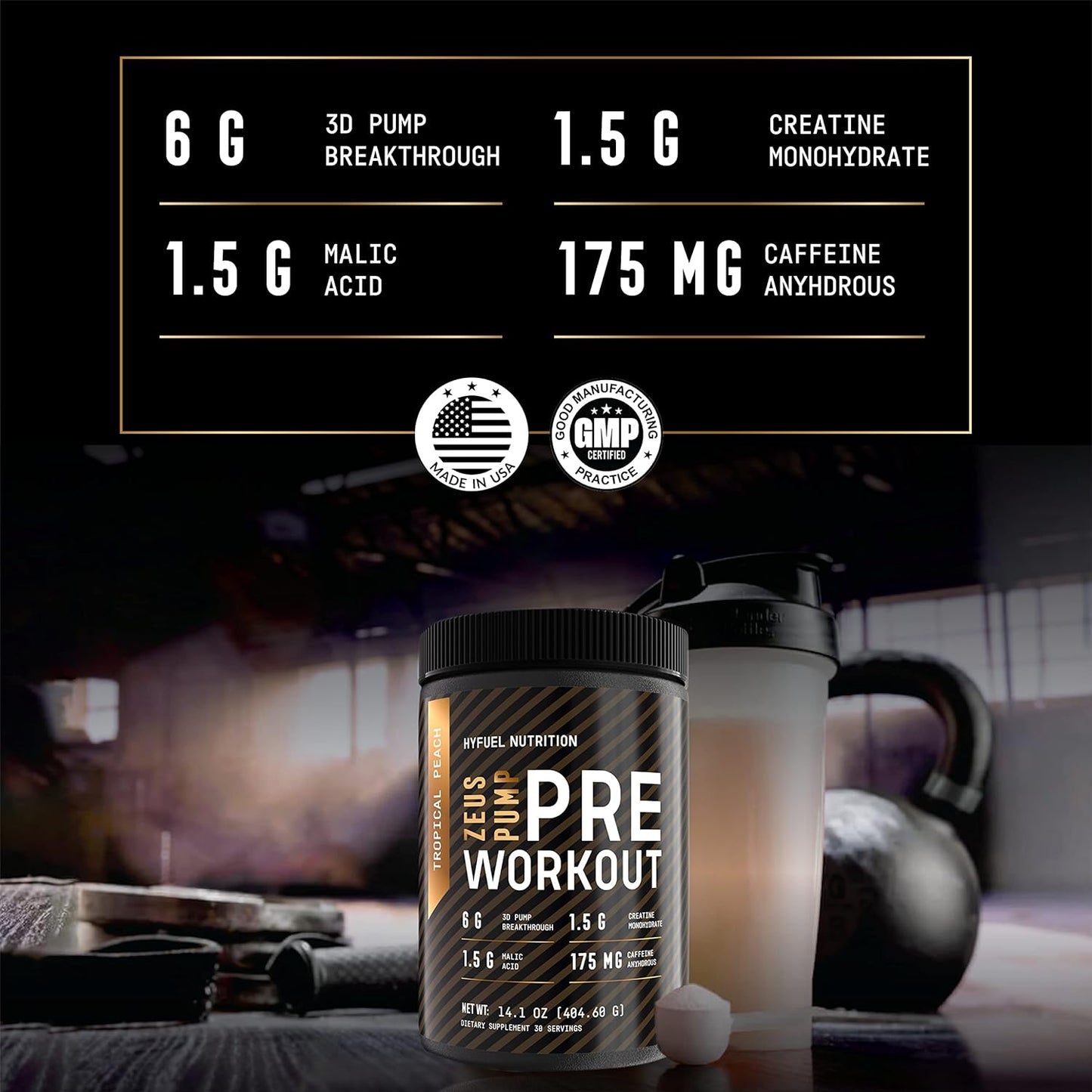 Hyfuel Nutrition Zeus Pump Pre-Workout Powder - Enhance Focus and Energy - With Creatine, L-Citrulline, Agmatine, Kanna, Betaine Anhydrous - 3D Pump Breakthrough® Formula - Tropical Peach Flavor - Sugar-Free