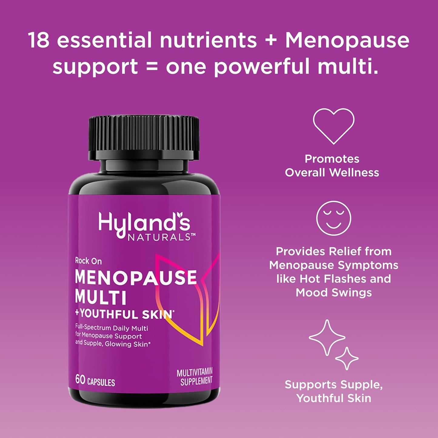 Hyland's Rock On Menopause Relief Multivitamin for Women - 60 Capsules - Immune Support, Biotin, Collagen, Red Clover - Youthful Skin Formula