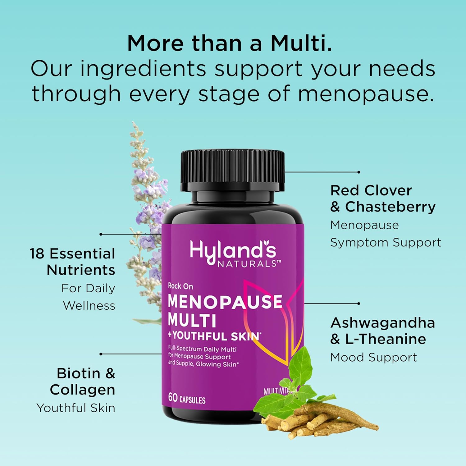 Hyland's Rock On Menopause Relief Multivitamin for Women - 60 Capsules - Immune Support, Biotin, Collagen, Red Clover - Youthful Skin Formula