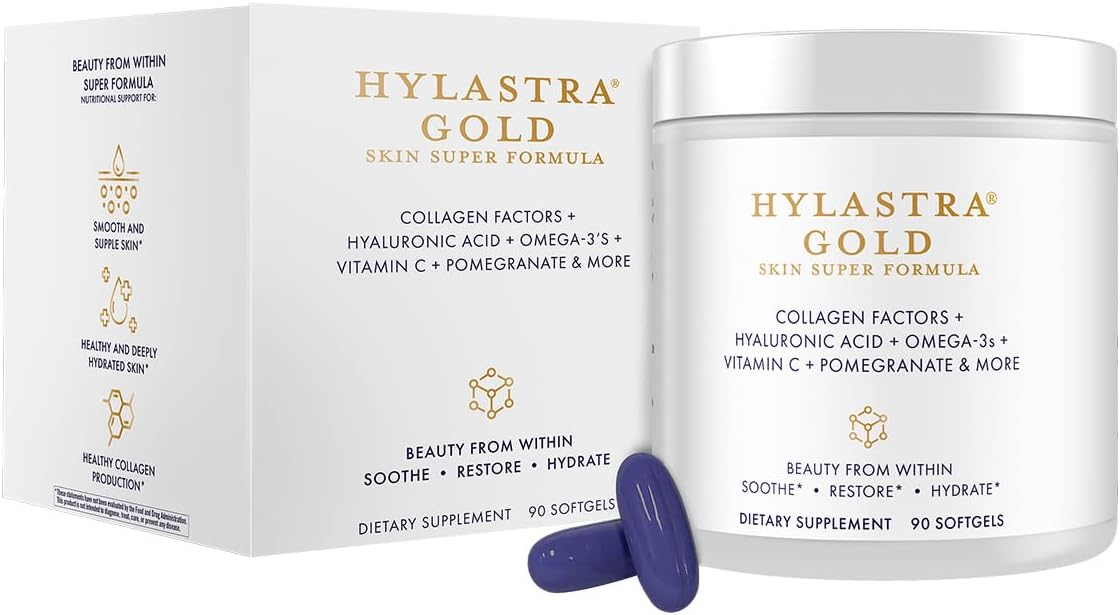 Hylastra Gold Softgels: Collagen & Hyaluronic Acid Beauty Boost - Skin Hydration & Elasticity - Reduce Wrinkles - 90 Softgels