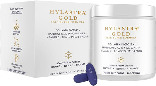 Hylastra Gold Softgels: Collagen & Hyaluronic Acid Beauty Boost - Skin Hydration & Elasticity - Reduce Wrinkles - 90 Softgels