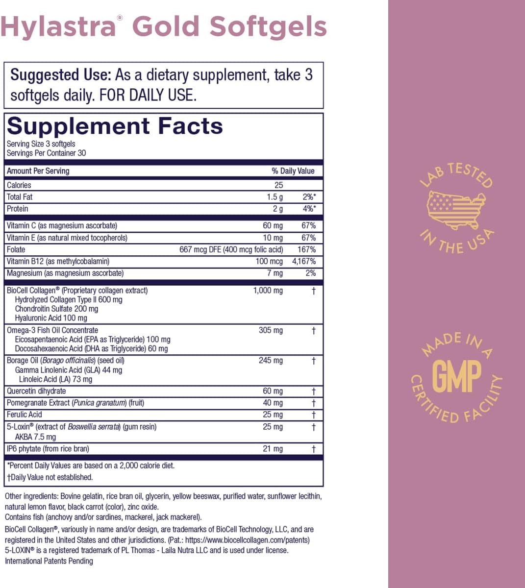 Hylastra Gold Softgels: Collagen & Hyaluronic Acid Beauty Boost - Skin Hydration & Elasticity - Reduce Wrinkles - 90 Softgels