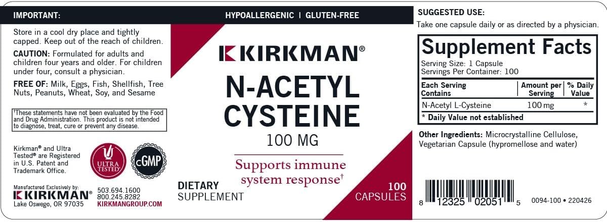 Hypoallergenic Kirkman NAC 100mg Capsules - Antioxidant & Immune Support - 100 Vegetarian Capsules - Gluten & Casein Free