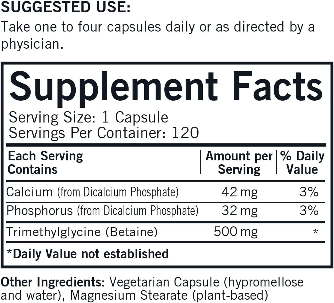 Hypoallergenic Kirkman TMG 500mg Vegetarian Capsules - 120 Count - Trimethylglycine Supplement - Gluten & Casein Free