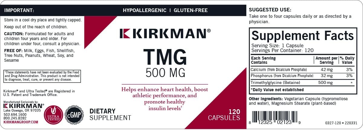 Hypoallergenic Kirkman TMG 500mg Vegetarian Capsules - 120 Count - Trimethylglycine Supplement - Gluten & Casein Free