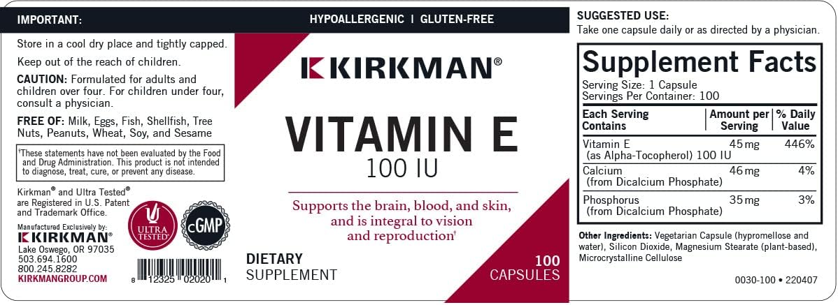 Hypoallergenic Kirkman Vitamin E Capsules - 100 IU, 100 Vegetarian Capsules, Gluten, Casein, and Soy-Free, Immune System Support