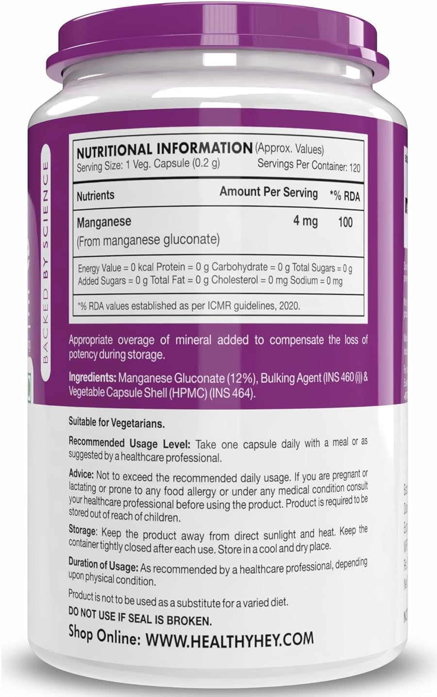 Hypoallergenic Manganese Gluconate Supplement for Connective Tissue and Bones - 120 Capsules