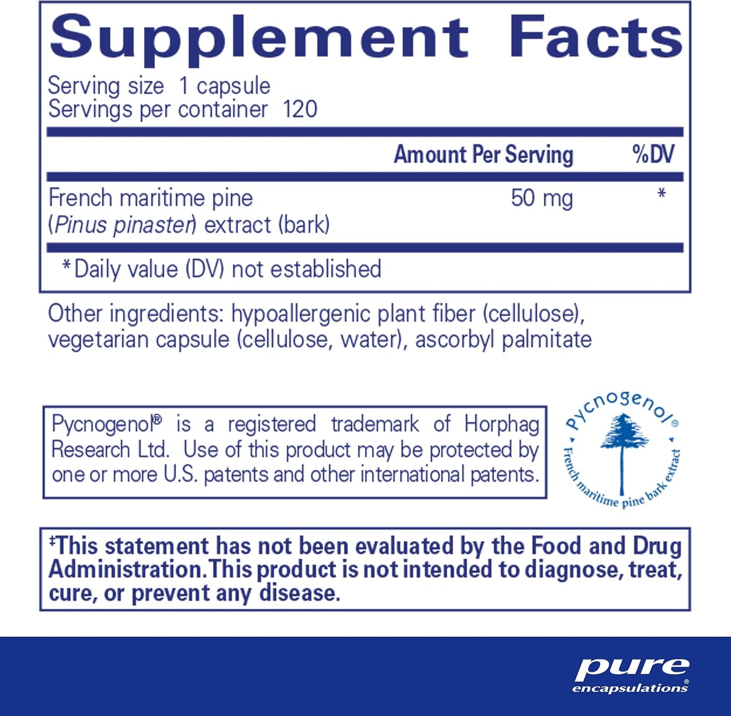 Hypoallergenic Pycnogenol (Pine Bark Extract) 50mg Capsules - Cognitive & Cardiovascular Support - 120ct