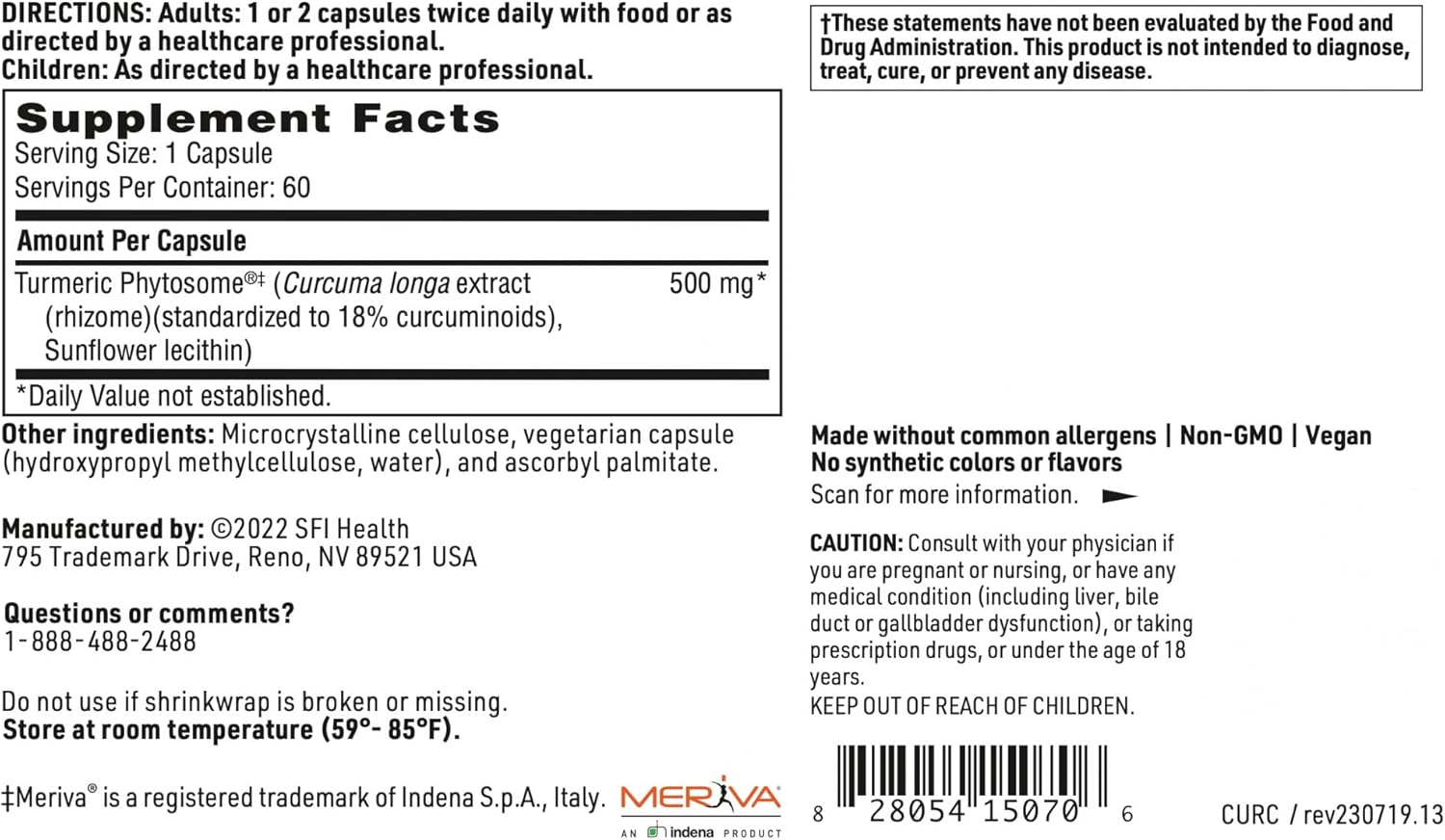 Hypoallergenic Vegan CurcuThera Capsules with 500mg Meriva Curcumin Complex - Patented Phytosome Delivery Technology - 60 ct.