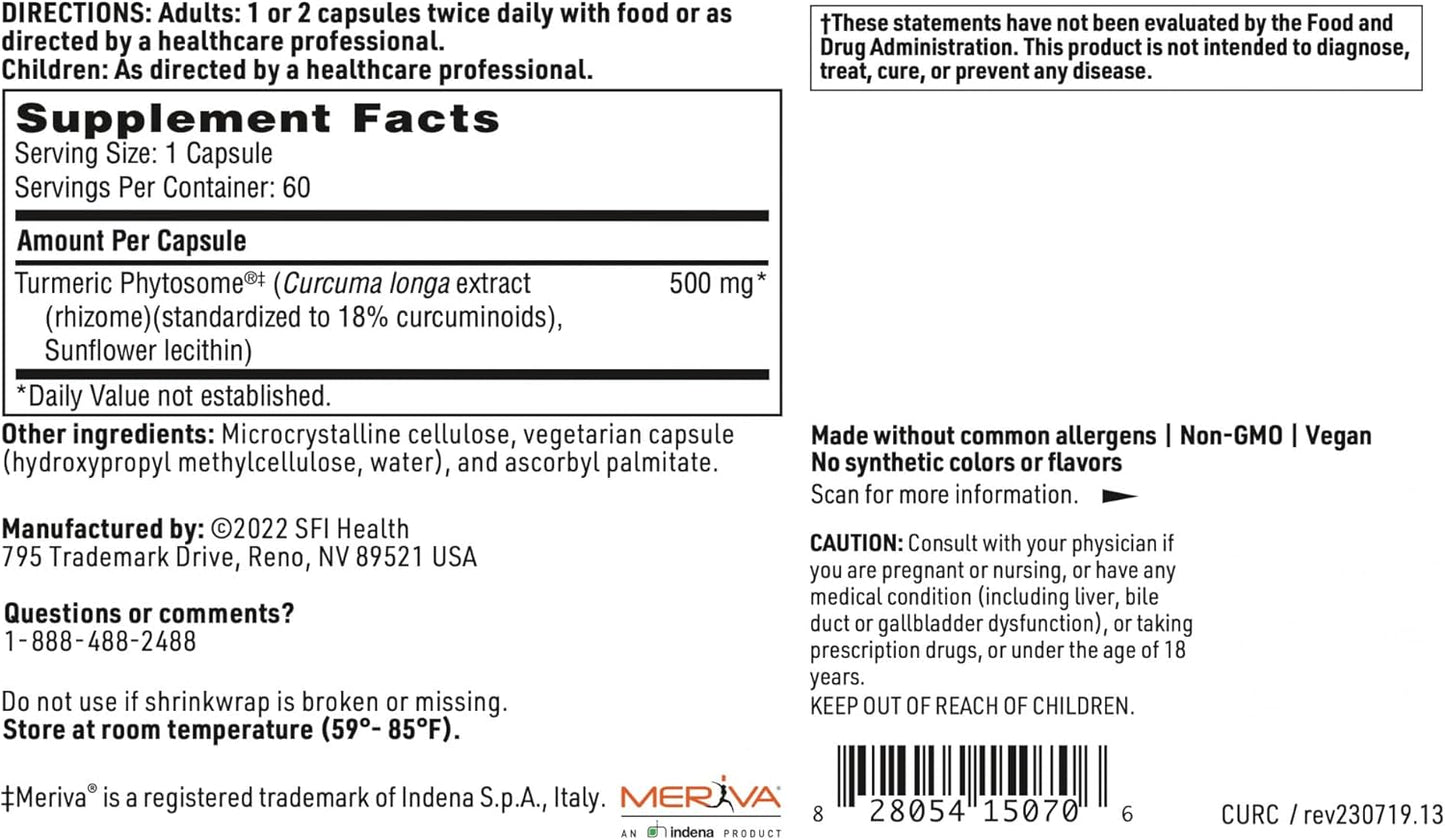 Hypoallergenic Vegan CurcuThera Capsules with 500mg Meriva Curcumin Complex - Patented Phytosome Delivery Technology - 60 ct.