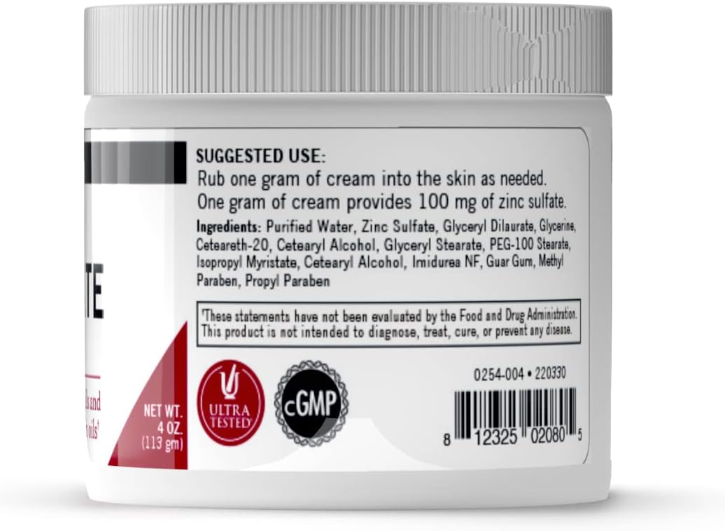 Hypoallergenic Zinc Sulfate Cream - Fast-Absorbing Topical Solution - 4 fl oz - 10% Zinc Sulfate