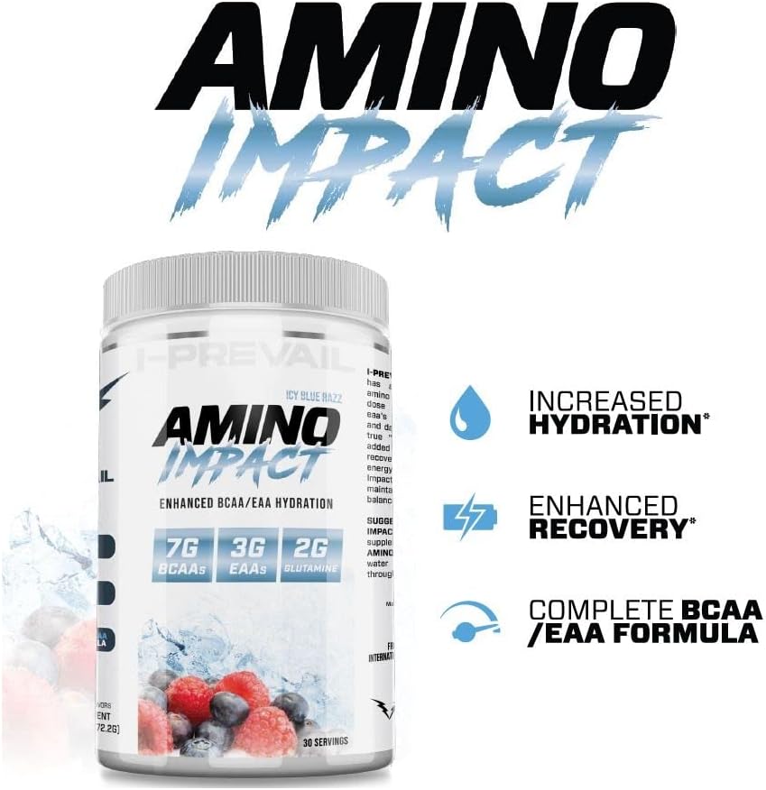 I-Prevail Amino Impact BCAA & EAA Supplement for Hydration, Recovery, and Endurance - Keto Friendly Formula with 7g BCAA's, 3g EAA's, and 2g Glutamine - 30 Servings (ICY Blue Razz)