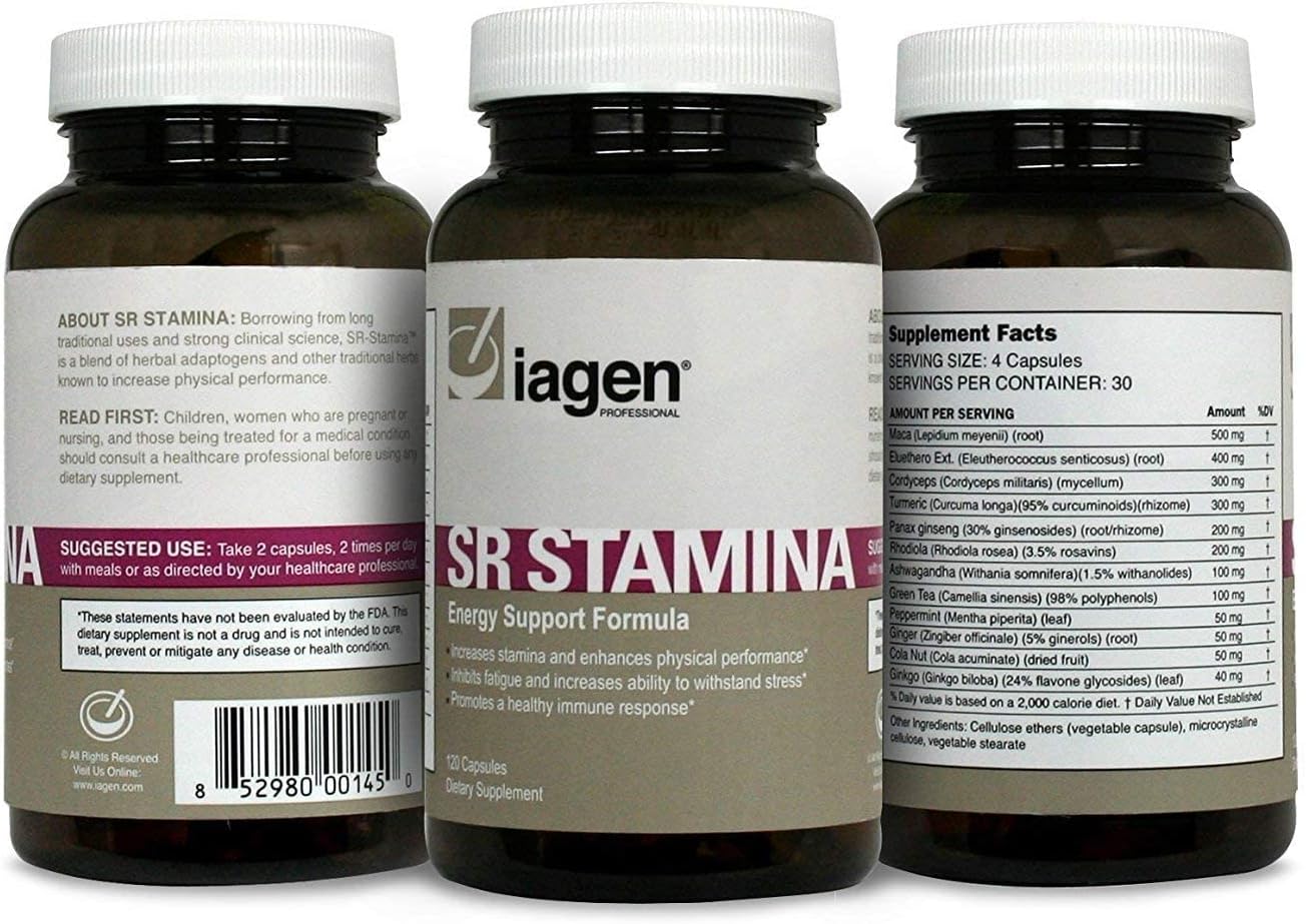 Iagen Professional SR Stamina Supplement with Maca Root Powder and Ashwagandha - Energy, Stamina, Athletic Performance, Memory Support - 120 Capsules