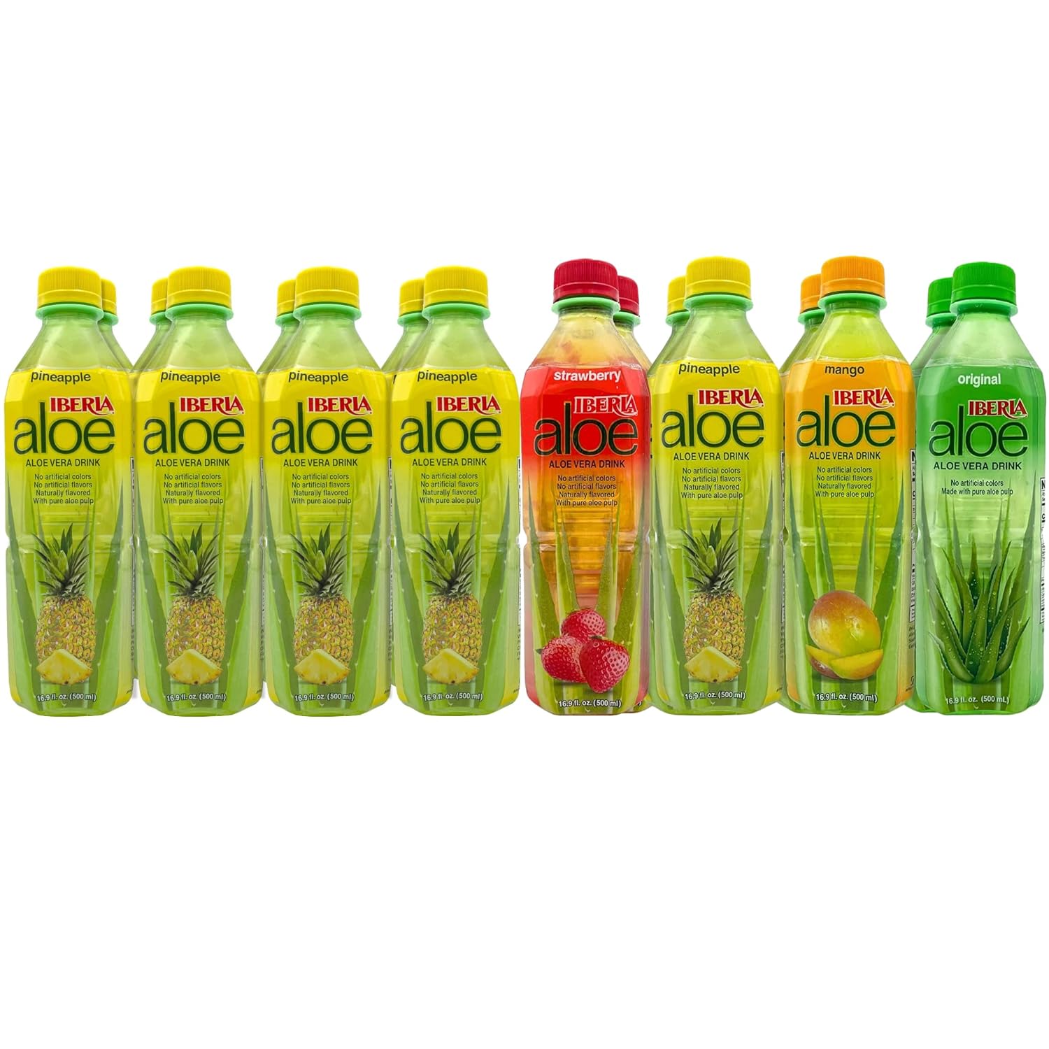 Iberia Aloe Vera Drink Variety Pack - 16 Bottles with Pure Aloe Pulp: 10 Pineapple, 2 Original, 2 Strawberry, 2 Mango