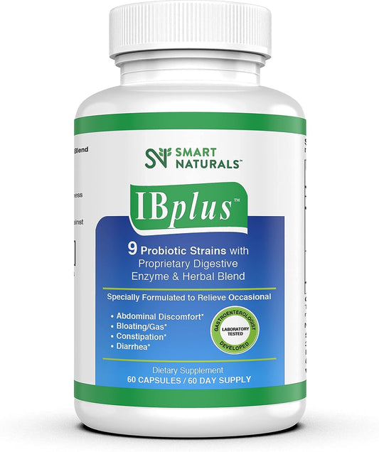 IBplus® Probiotic & Digestive Enzyme Blend - 60 Capsules, Irritable Bowel Relief for Abdominal Pain, Constipation, Diarrhea, Gas/Bloating - Smart Naturals™ Formula