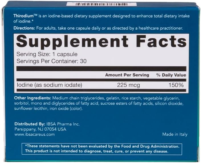 Ibsa Thirodium Thyroid Support Supplement Soft-Gel Capsules - 225mcg Iodine - Gluten-Free, Lactose-Free, Non-GMO - 30 Capsules