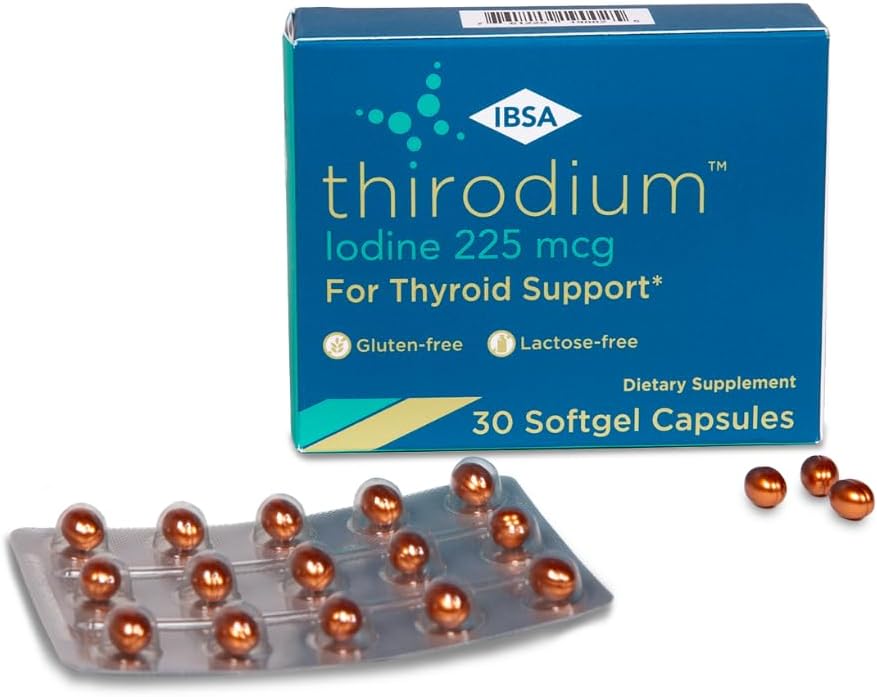 Ibsa Thirodium Thyroid Support Supplement Soft-Gel Capsules - 225mcg Iodine - Gluten-Free, Lactose-Free, Non-GMO - 30 Capsules