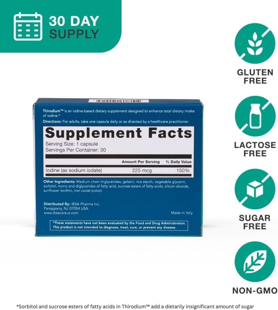 Ibsa Thirodium Thyroid Support Supplement Soft-Gel Capsules - 225mcg Iodine - Gluten-Free, Lactose-Free, Non-GMO - 30 Capsules